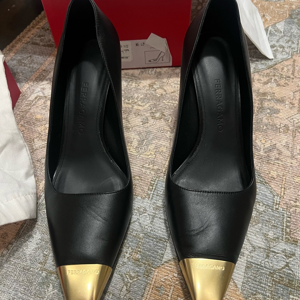 Salvatore Ferragamo Black Heels with Gold Toe Cap